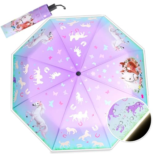 DPKOW Farbwechsel bei Regen Regenschirm Kinder, Pferde Einhorn Dinosaurier Fußball Regenschirm Taschenschirm für Schulranzen, Fussball Geschenke Jungen Mädchen Einschulungsgeschenke, 98cm