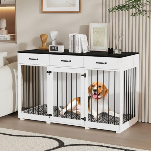 Hundebox mit 3 Schubladen 140Bx60Tx90H cm Hundekäfig mit Gittertüren Schloss Hundehütte Transportbox für Hunde Hundehaus für mittelgroße Hunde Wohnzimmer Schlafzimmer Innenbereich Weiß und Schwarz