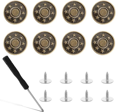 DOPENSPI 8 Pcs 17mm Jean Button Pins, Replacement Buttons | No-Sew Adjustable Metal Button Pins with Screwdriver for Jeans Pants Clothing Repair