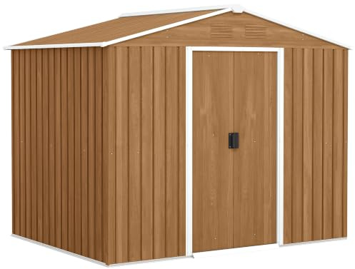 Outsunny Caseta de jardín de 3,6 m² en Acero galvanizado con Tomas de Aire, caseta de jardín con Doble Puerta corredera con Cerradura, Techo Inclinado, caseta para Herramientas, marrón Efecto Madera