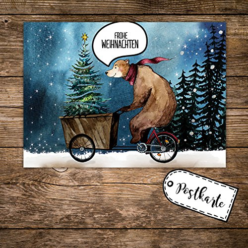 ilka parey wandtattoo-welt A6 Weihnachtskarte mit Bär auf Bike im Winterwald Postkarte Print + Spruch Frohe Weihnachten pk134