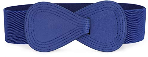 sourcing map Plus Size Interlock Buckle 8-shaped Faux Leather Elastic Belt Cinch Waistband for Lady Blue Fit Waist Girth:25/63.5cm-37/94cm