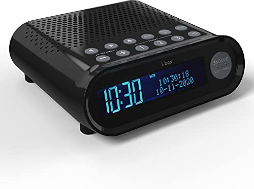i-box Radio Alarm Clock DAB/DAB Plus/FM with USB Charging Function, Dimmable Large Digital Display, Dual Alarm Function and 3W Speaker (Black)