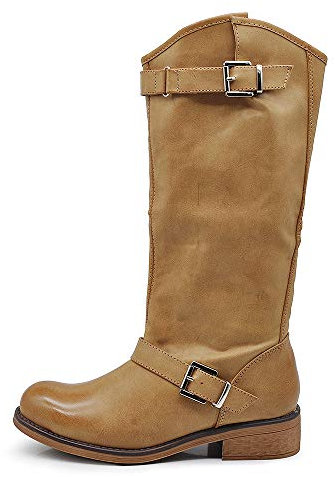 IF Fashion Scarpe Stivali da Donna al Polpaccio Biker Motociclista con Fibbie Anfibi LY71 Senape (Beige) N.39