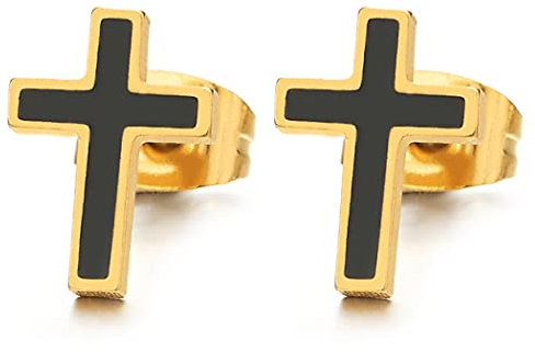 Herren Damen Goldfarben Flach Kreuz Ohrstecker Ohrringe Edelstahl Gestüt Ohrringe mit Schwarzer Emaille Kreuz Ohrschmuck