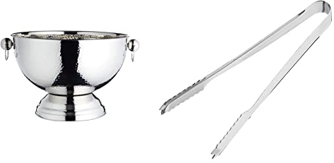 BarCraft Hammered Stainless Steel Champagne Bucket, Beer, Drinks and Wine Cooler, 37x25cm, Gift Tagged & Stainless Steel Ice Tongs 7inch | Bar Ice Tongs, Ice Bucket Tongs