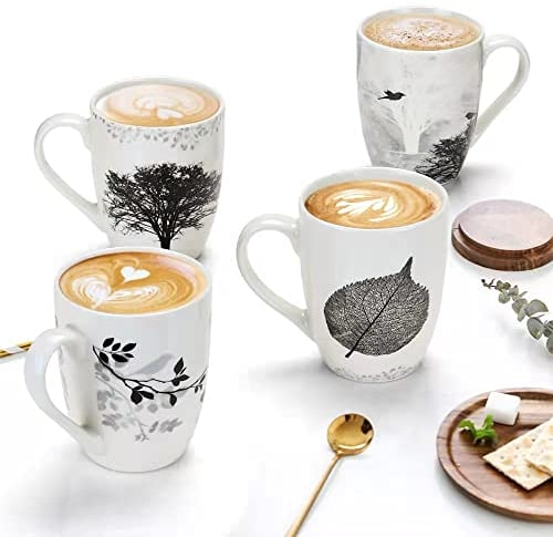 MACHUMA Set of 4 Coffee Mug Sets, 350ML/12 OZ Ceramic Coffee Mugs, Set with Different Tree Patterns Coffee Cup