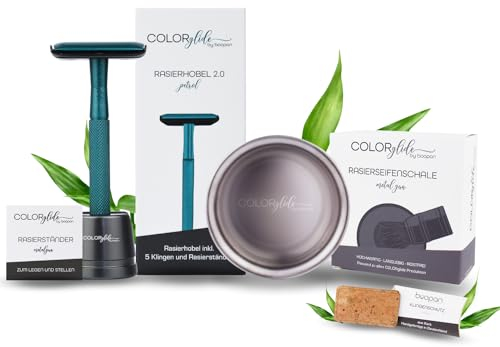 COLORglide® Premium Rasierhobel Set Damen & Herren | Rasierset inkl. Rasierhobel Damen & Herren, Rasierhobel Ständer, Rasierseifenschale, 5 Rasierklingen und Klingenschutz | mit eBook