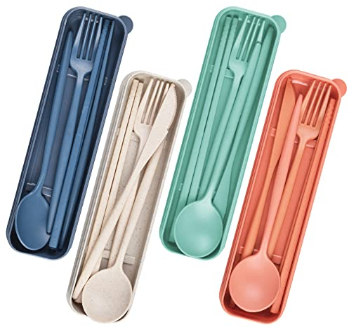 Reisebesteck-Set mit Etui, 4 Stück Tragbare Camping Besteck Mehrweg Set mit Koffer, Wiederverwendbar Kunststoff-Besteck-Set, Reisegeschirr Messer Gabel Löffel Campingbesteck für Picknick Reisen