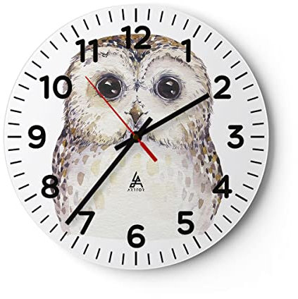 Modern Wanduhr Eule Waldkauz Grafik 30x30cm Rund Klein Wand Uhr Glas Analog Zimmeruhren Küche Büro Wohnzimmer Glasuhr Wall Clock Dekoration Design Wanddekoration Küchenuhr C4AR30x30-4229