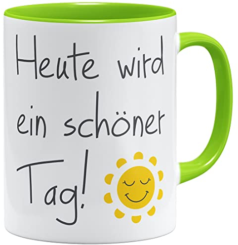 OM3® Kaffee-Tasse mit Spruch - heute wird ein schöner Tag - gute Laune Sonne Motivation - Keramik Becher - 325ml - Beidseitig Bedruckt - Hellgrün