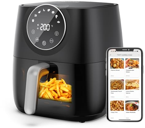 Joyami Friggitrice ad Aria 5,7L XXL Air Fryer con 100+ Ricette Italiano, 8 Funzione Predefinita, Finestra Visibile Con Display Digitale Senza Olio Adatto per 2-4 Persone, 1700W Nero