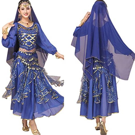 OTMYIGO 5-teiliges Set Bollywood-Tanzkostüme Indisches Bauchtanz-Kostüm-Set für Frauen Chiffon Orientale Bauchtanz-Kostüm-Set,A9,XXL