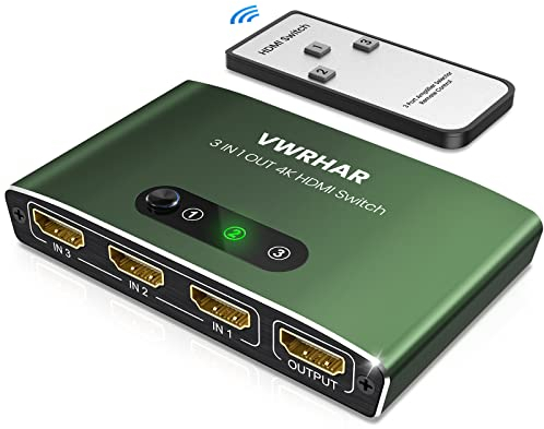 VWRHar HDMI Switch 3 IN 1 OUT Aluminum HDMI Splitter with Remote Supports 4K 3D HD Monitor Wireless Remoter Control Compatible with PS5/PS4/PS3, Laptop/PC DVD Blu-Ray Xbox Roku TV/HDTV