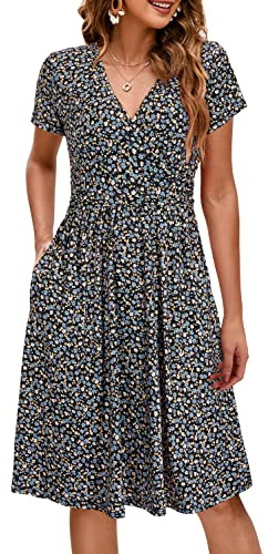 OUGES Maternity Nursing Dress Breastfeeding Summer Short Sleeve V Neck Casual Pregnancy Postpartum Outfits Pockets(Floral C,L)