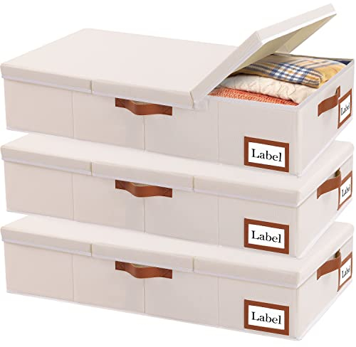 Yawinhe 3 Stück Unterbettkommode, Kleideraufbewahrung mit Deckel, Faltbare Aufbewahrungstasche mit Haltegriffen, für Bettdecken, Decken, Kleidung, 80x40x15cm, Beige