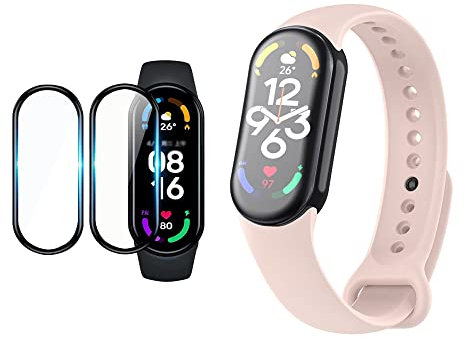 QINOUK Cinturino per Xiaomi Mi Smart Band 8, [Traspirante] Cinturino in Silicone Morbido, [2 Pack] Pellicola Protettiva Dello Schermo, per Xiaomi Band 8-Rosa