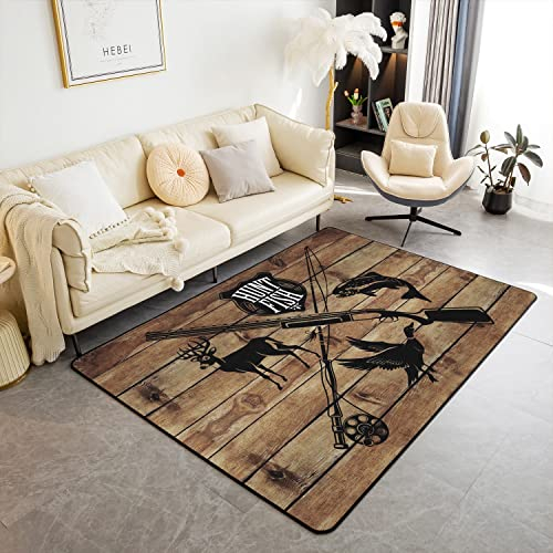 Retro Jagd Fisch Teppich 100x150,Retro Bauernhof Holzbrett Dekor Bereich Teppich, Hirsch Vogel Fisch Tier Jagd Nicht Verschütten Teppich für Schlafzimmer Spielzimmer Wohnzimmer