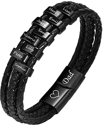 Herren Armband Personalisiertes Lederarmband : Papa Armbänder Schwarz Männer Jungen Leder Personalisierter 9 Namen Armkette Gravur Dad Schmuck