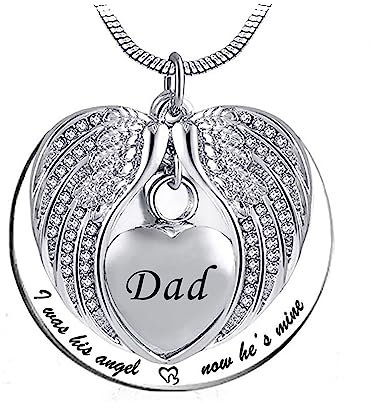 LSxAB Heart Angel Wing Memorial Cremation Urn Ashes Necklaces for Dad Keepsake Pendant Ashes Holder - I was His Angel Now He's Mine