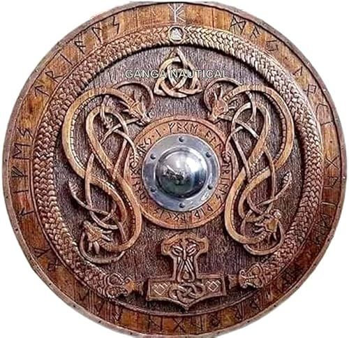 Ganga Nautical Mittelalterlicher runder Wikingerschild, einzigartiges Drachen-Design, Schild, Holz, handgefertigte Materialien: 100 % reines Holz