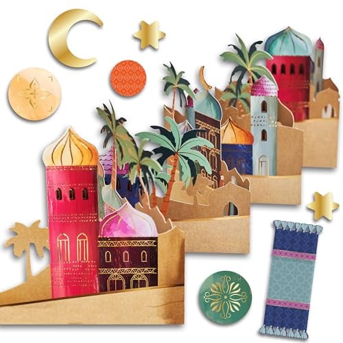 Papierdrachen Ramadan Tischdekoration - Tischgirlande zum Aufstellen - mit edlem Motiv Bunte Häuser und inklusive Tischkonfetti - goldfoliert - Eid Mubarak - Zuckerfest