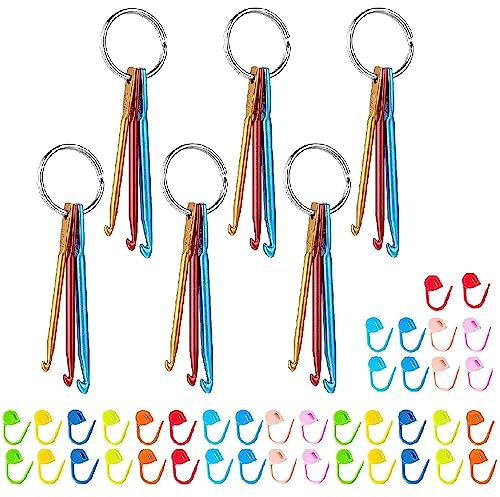 Zuoyou 6 Sets Mini-Häkelnadel-Schlüsselanhänger mit 40 farbigen Kunststoff-Maschenmarkierern, Aluminium-Häkel-Stricknadeln, 3 Größen/Set (3 mm/4 mm/5 mm)