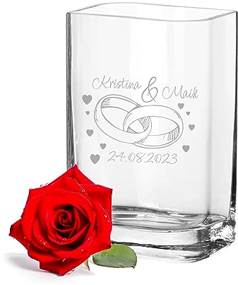 LALALO Leonardo Vase mit Gravur als Hochzeit Geschenk, Personalisiert als Hochzeitsgeschenk, Sandzeremonie, Hochzeitstag, Blumen-Deko für den Tisch (25x15x10 cm, Ringromance)