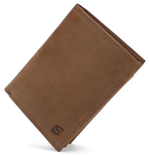 SERASAR Leder Portemonnaie [Manager] Herren Braun Echtleder Geschenk | RFID/NFC Blocker, 12 Kartenfächer, 2 Ausweisfächer, Fahrzeugscheinfach, 2 Geldscheinfächer, Münzfach, Hochformat, Rindsleder