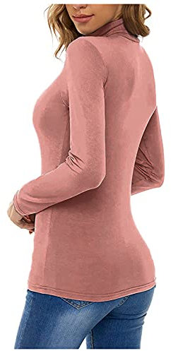 IQYU Pull à col roulé en coton - Sous-vêtement basique pour femme - Manches longues - Col roulé fin - T-shirt à manches longues - Sous-vêtements - Col roulé - T-shirt extensible et élégant, Rose, L