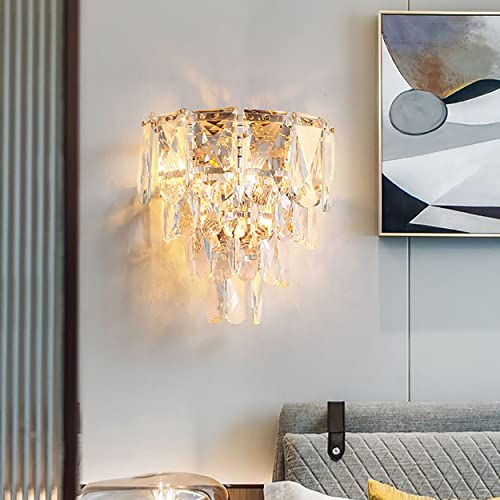 Sxtiger Moderne Kristall Wandleuchte, E14 Goldene Kristall Wandlampe Innen, Für Wohnzimmer Schlafzimmer Küche Flur Treppen Hotel Restaurant Beleuchtung (Gold-2)