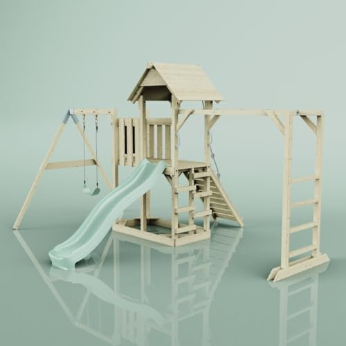 Rebo Spielturm mit Wellenrutsche aus Holz | Outdoor Klettergerüst mit Kinderschaukel, Hangelstangen, Plattform und Kletterseil