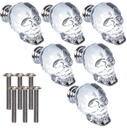 Kristallglas-Türknäufe, Totenkopf-Möbelgriffe, transparent, für Küchenschränke, Schubladen, Dicke zwischen 17–22 mm, 6 Stück