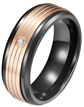 Dsnyu Herren Ringe Vintage, Trauringe Edelstahl Schwarzes Roségold Streifen Zweifarbig Zirkonia Runde Schmuck 8mm Breit Gr. 60 (19.1) Cool Geschenk