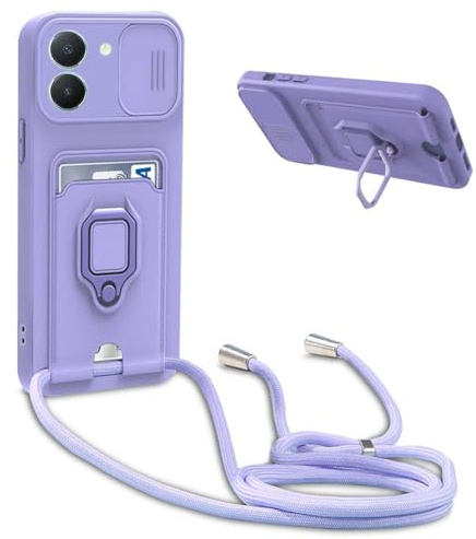 BGHHEU Mobile Phone Chain Protective Case, Compatible with VIVO Y36 4G, Mobile Phone Case with Band, Sliding Camera Protection, 360 Degree Ring Holder Stand, Card Slot, Adjustable Silicone Necklace