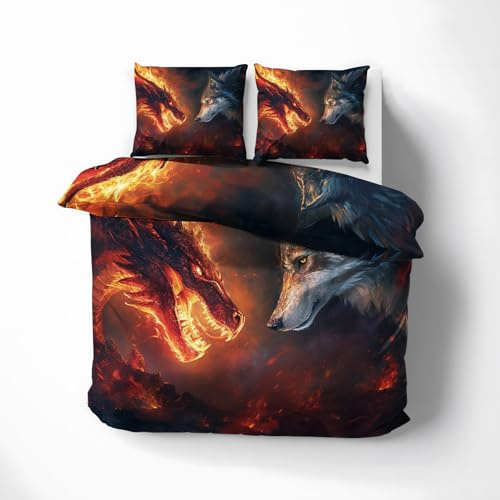MOBEITI Drachen Wolf Bettwäsche 200x200, Fantasy Wendebettwäsche, Weiche Kuschelige Mikrofaser Bettbezug Set 3teilig, 2 Kissenbezug 80x80, mit Reißverschluss - MO&958