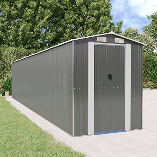 Homgoday Outdoor Garden Shed with Door and Ventilation System, for Lawn Mower, Folding Stairs, Garden Shed Galvanized Steel Light Grey 192 x 939 x 223 cm