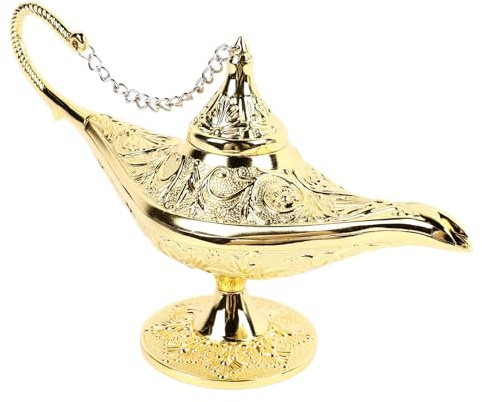 Aladdin Genie Lampe Vintage Legende Aladdin Zauberlampe aus Metall geschnitztes Wunschlicht für Zuhause Hochzeit Party Tischdekoration zartes Accessoire (Gold)