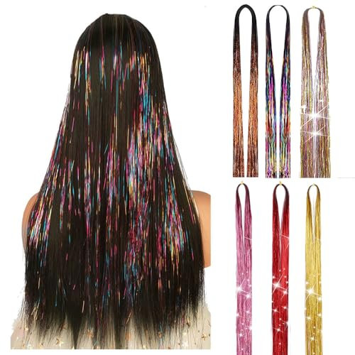 Haar Lametta Stränge Kit Hair Tinsel Haar Lametta Stränge Haarsträhnen zum Einflechten Bunte Haarsträhnen Kinder Haarschmuck Dekoration Haar Lametta Kit 6 pcs, 1200 Stränge