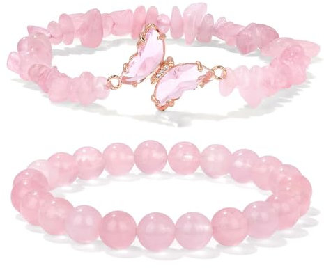 Lucktao 2 Stück Rosa Kristallen Armband,Schmetterling Armbänder Set,Rosenquarz Armband,Rosenquarz Stein der Liebe,Perlenarmband Stretch Armband,Echtes rosa Kristall Heilstein Armband Damen
