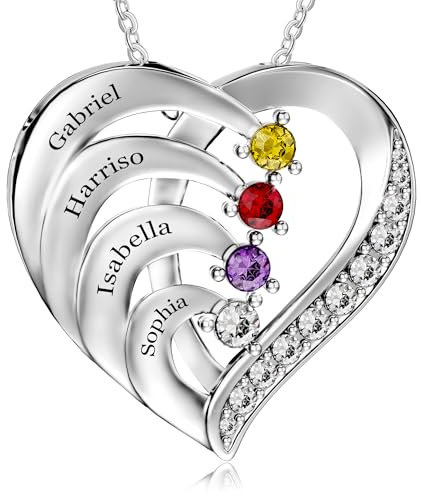 Easycosy Namenskette mit Gravur - personalisierte Kette mit 2 3 4 Namen Geburtssteinen Damen Herz Anhänger - personalisierte Geschenke für Freundin Mama Frauen zum Geburtstag Weihnachten Valentinstag