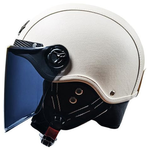 VHVYWY Kunstlederhelm, Retro-Helme, 3/4-Vintage-Helm FüR Herren Mit Visieren, Four Seasons Fashion Dot/Ece-Zugelassener Motorrad-Halbhelm C-3,54-62cm