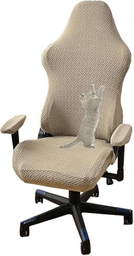YOPOIY Stretch Gaming Chair Cover Cat Scratch Proof, Computer Chair Slipcover Removable Gaming Chair Slipcover with Armrest Covers Swivel Chair (Khaki,one size)