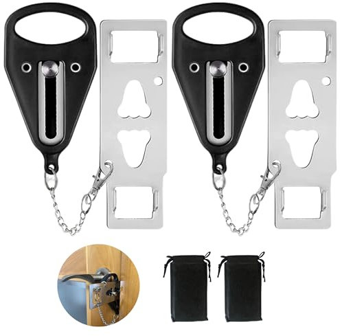 Cerradura Portatil Interior Puerta - (Color Negro) - 2 UNIDADES - Pestillo Puerta Para Viajes - Cerrojo Puerta Antirrobo Hotel, Apartamentos, Dormitorios. Su Uso Proporciona Seguridad Adicional, Negro