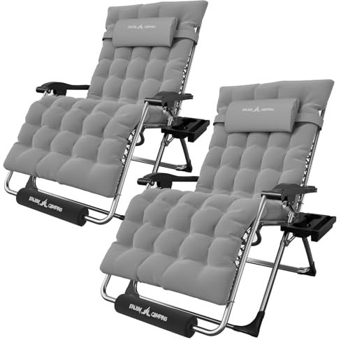 UDPATIO 2er Sonnenliege Liegestuhl Klappbar Mit Getränkehalter Gartenliege Mit Auflage Polster, 78cm Extra Breiter Gartenstuhl, Verstellbar Rückenlehne mit Kissen-Unterstützung Grau