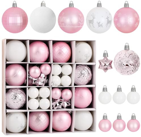 BOFUNX 44Pcs Christmas Balls Decoration Tree Baubles Glitter Hanging Ornaments Shatterproof for Holiday Home Party Decoration (Pink & White)