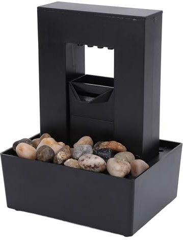 Kleiner Zimmerbrunnen aus Kunststoff, Moderner Kieselstein-Design, Dekorativer Tischbrunnen mit LED-Licht für Zuhause und Büro (schwarz)