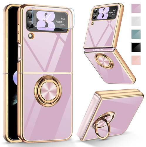 Layeri für Samsung Galaxy Z Flip 3 Hülle mit Schutzfolie Galvanik Glitzer Silikon Handyhülle Samsung Z Flip 3 Ring Ständer Kameraschutz Kratzfest Stoßfest Dünn Schutzhülle Galaxy Z Flip 3 5G Hülle