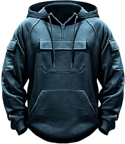 Generisch 1/4 Zip Hoodie Herren, Kapuzenpullover Herren Arbeit Winter, Sweatshirt Loose Fit Kuschelpullover Warm Kapuzenpulli Weich Arbeitspullover Mit Vielen Taschen Cargopullover Einfarbig Sweater