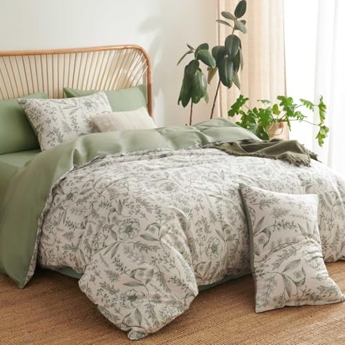 Tospass Blumen Bettwäsche 220x240cm Weiß Grün Floral Bettwäsche Set Pflanzen Blätter Mädchen Mikrofaser Wende Bettwäsche 1 Bettbezug mit Reißverschluss 2 Kissenbezug 80x80cm